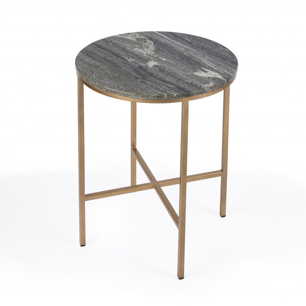 Brass and Gray Marble Round End Table - 23-inch