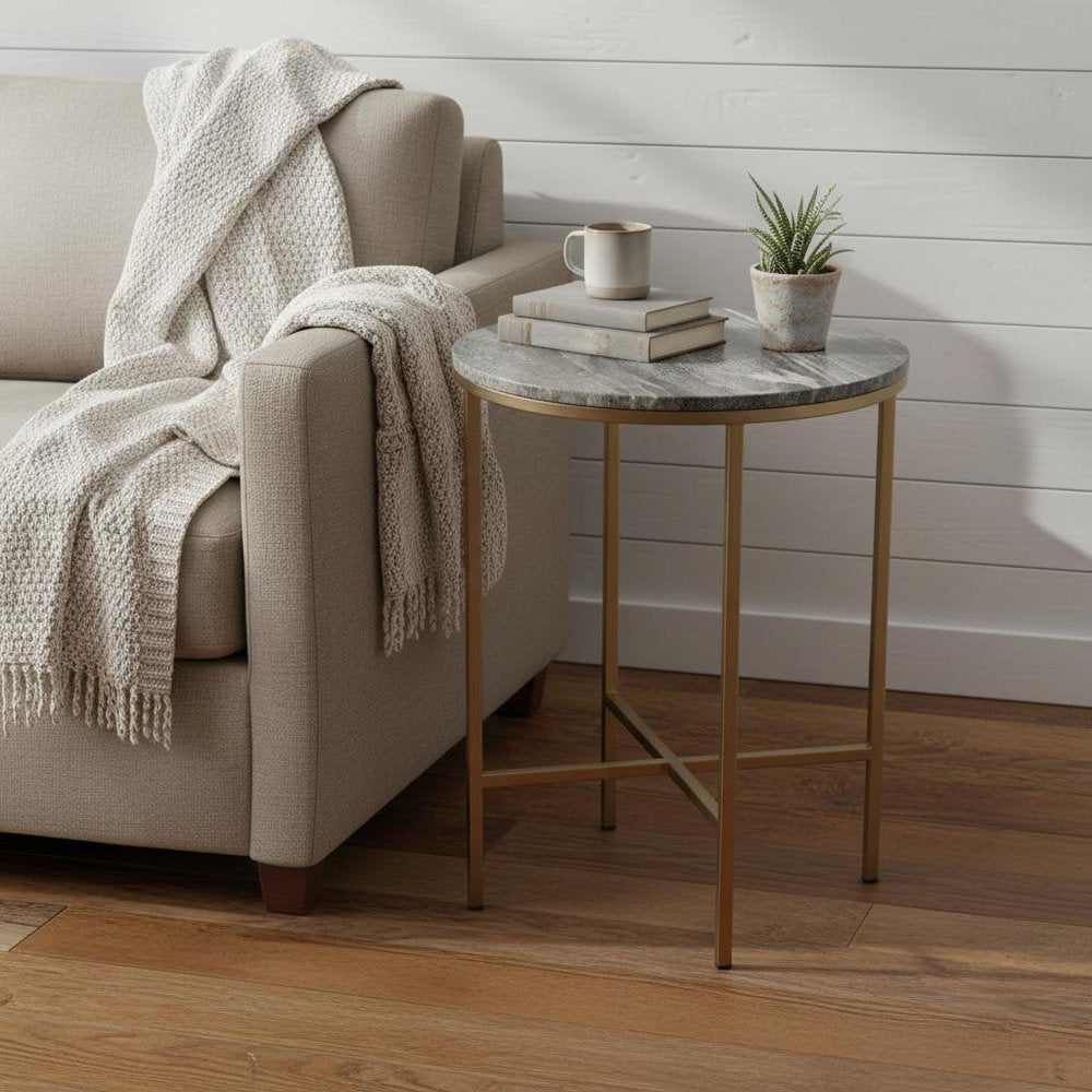 Brass and Gray Marble Round End Table - 23-inch