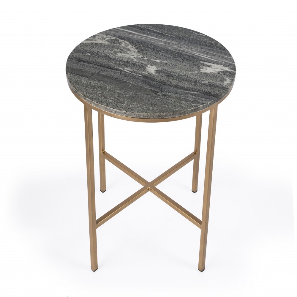 Brass and Gray Marble Round End Table - 23-inch