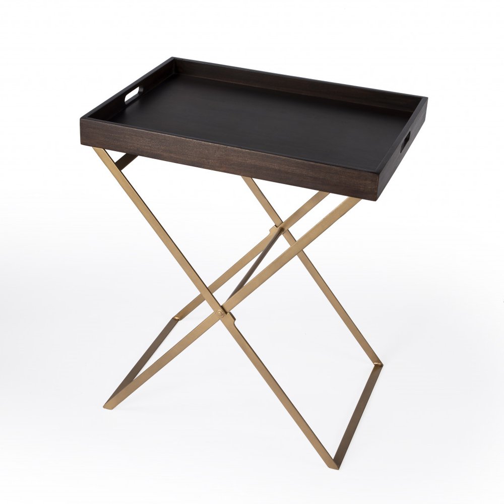 Gold and Walnut Solid Wood Rectangular End Table - 27-inch