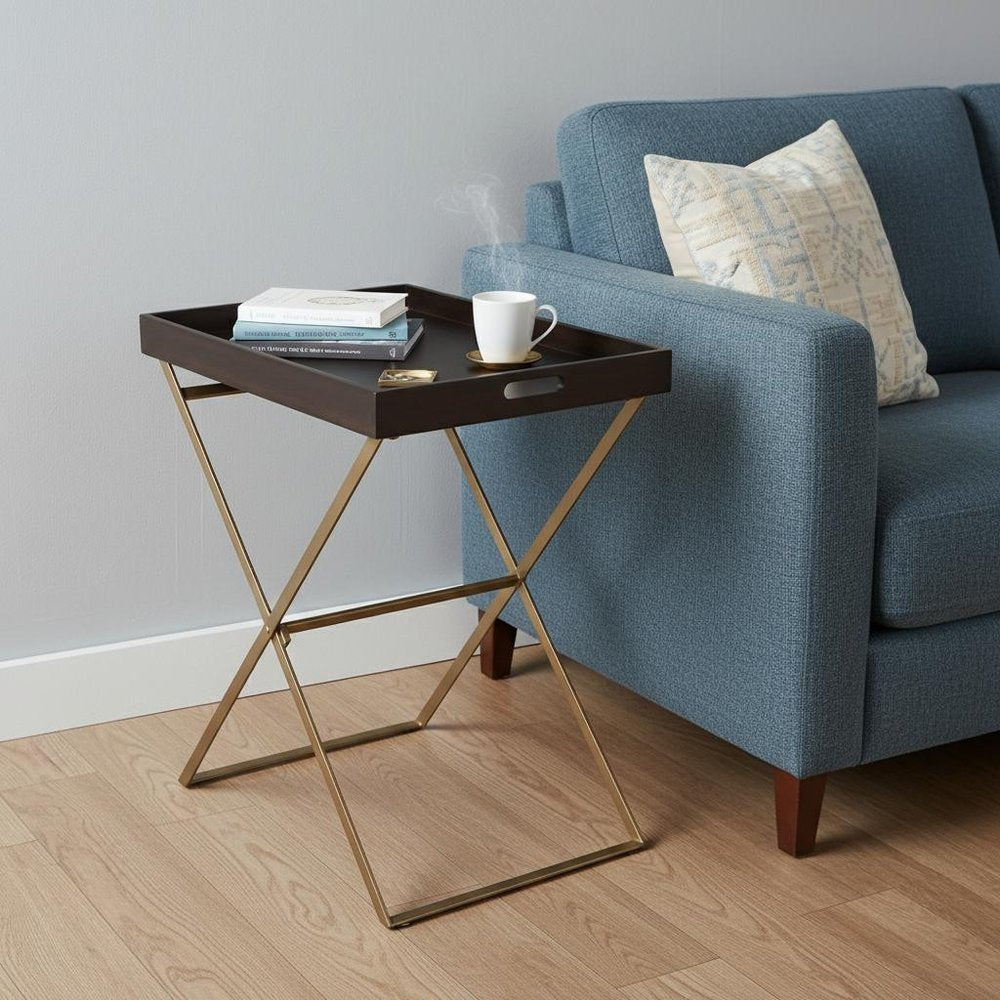 Gold and Walnut Solid Wood Rectangular End Table - 27-inch
