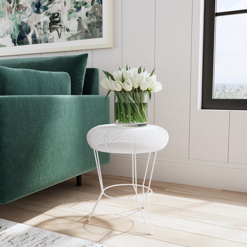 White Wire Round Top End Table - 18-inch