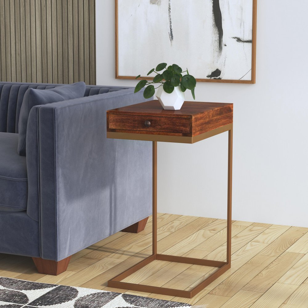 Natural Brown Solid and Manufactured Wood Square End Table with Drawer