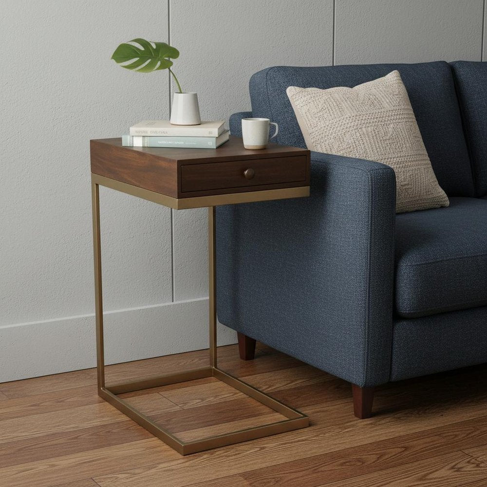 Natural Brown Solid and Manufactured Wood Square End Table with Drawer