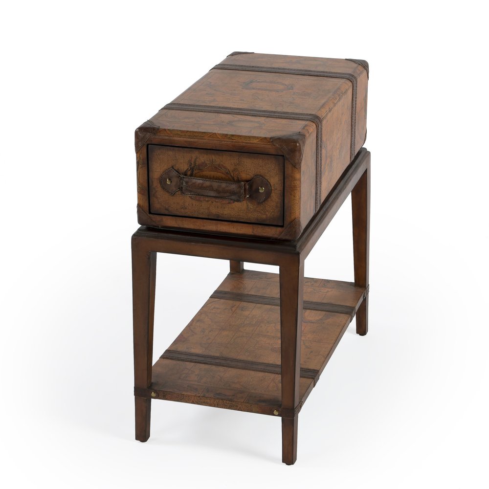 Brown Old World Map End Table with Drawer and Shelf - 24-inch