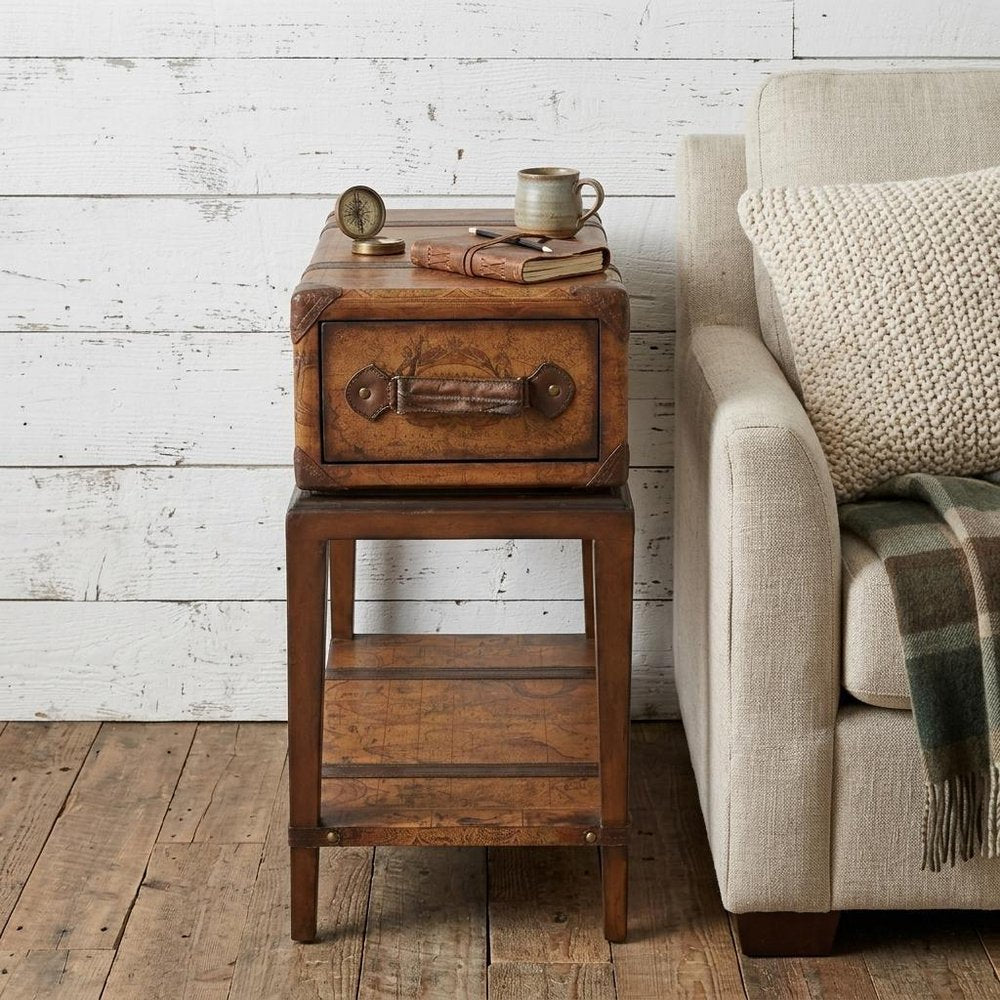 Brown Old World Map End Table with Drawer and Shelf - 24-inch