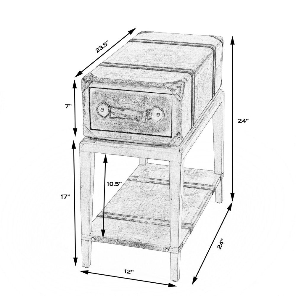 Brown Old World Map End Table with Drawer and Shelf - 24-inch