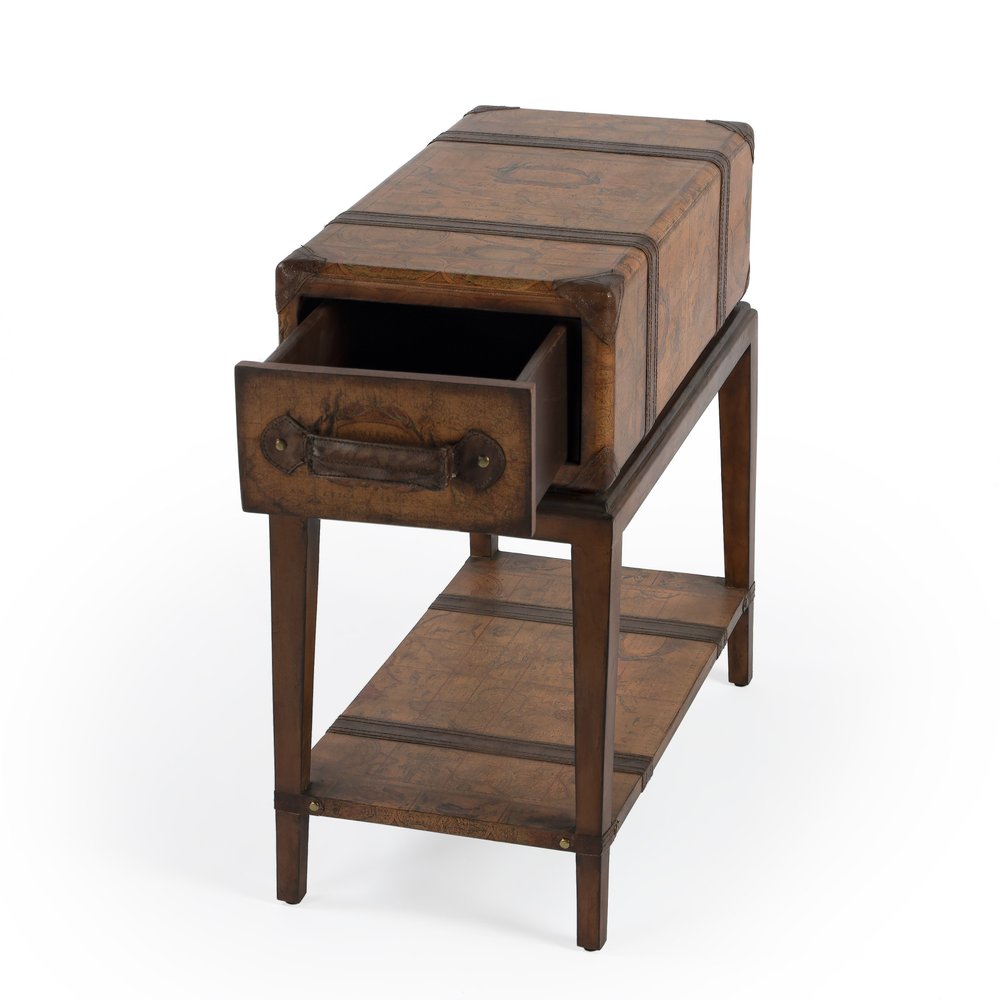 Brown Old World Map End Table with Drawer and Shelf - 24-inch