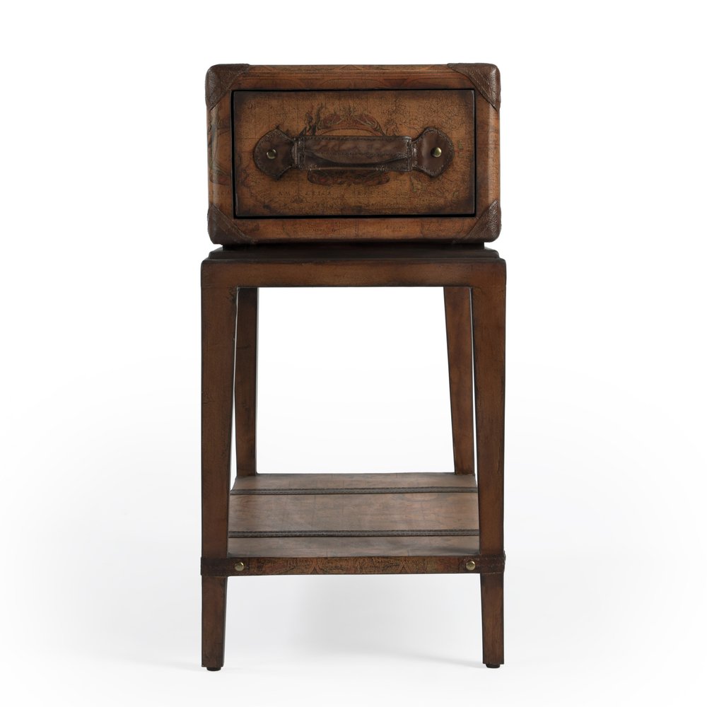 Brown Old World Map End Table with Drawer and Shelf - 24-inch