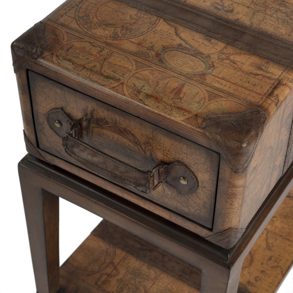 Brown Old World Map End Table with Drawer and Shelf - 24-inch