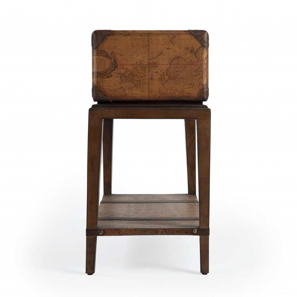 Brown Old World Map End Table with Drawer and Shelf - 24-inch