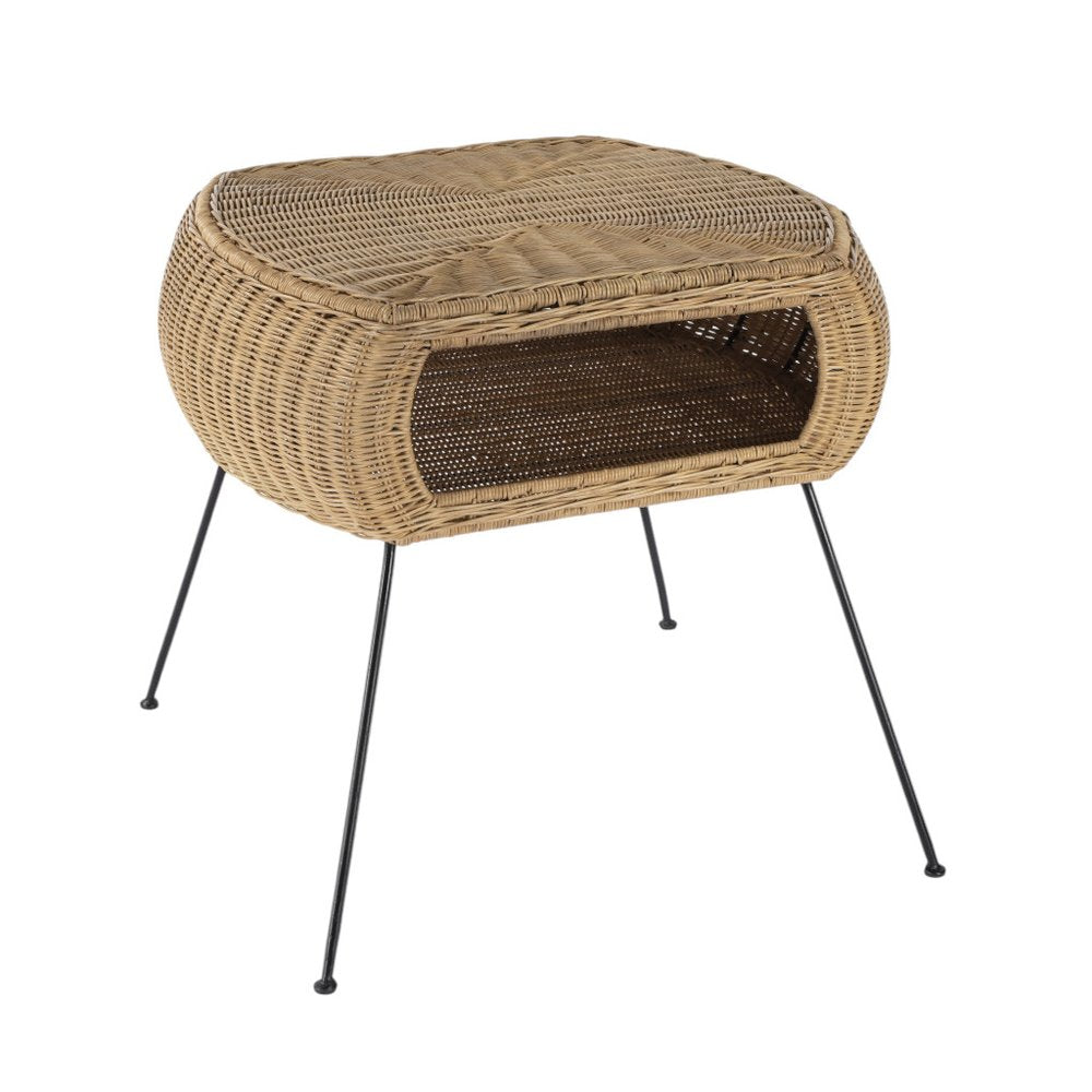 Black and Brown Distressed Rattan and Iron Round End Table with Shelf