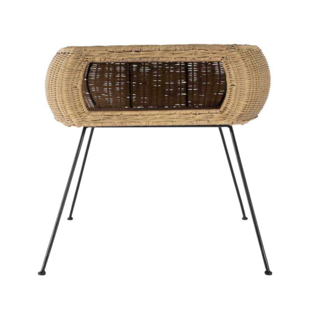 Black and Brown Distressed Rattan and Iron Round End Table with Shelf