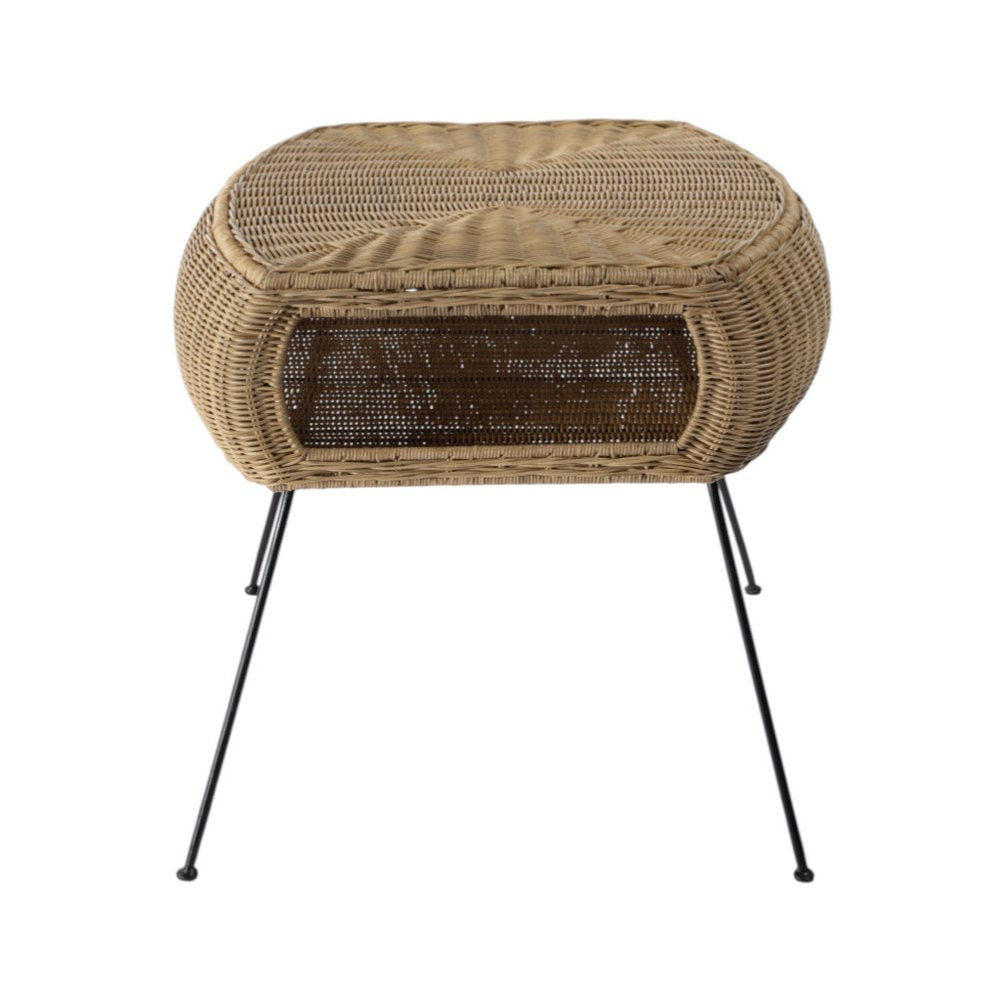 Black and Brown Distressed Rattan and Iron Round End Table with Shelf
