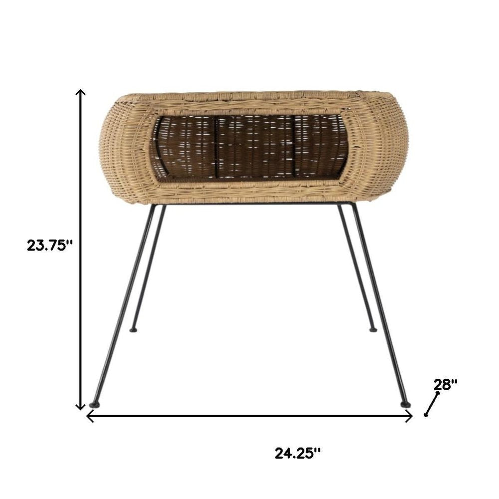 Black and Brown Distressed Rattan and Iron Round End Table with Shelf
