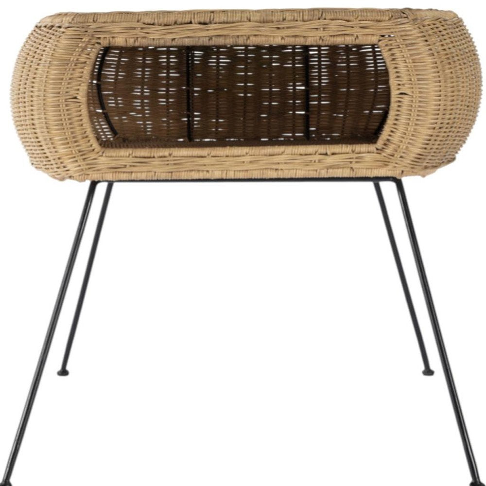 Black and Brown Distressed Rattan and Iron Round End Table with Shelf
