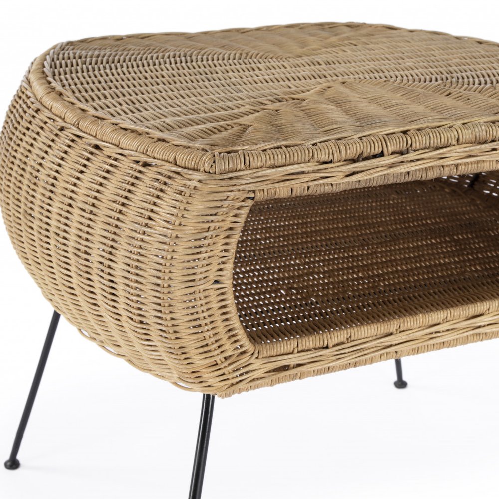 Black and Brown Distressed Rattan and Iron Round End Table with Shelf
