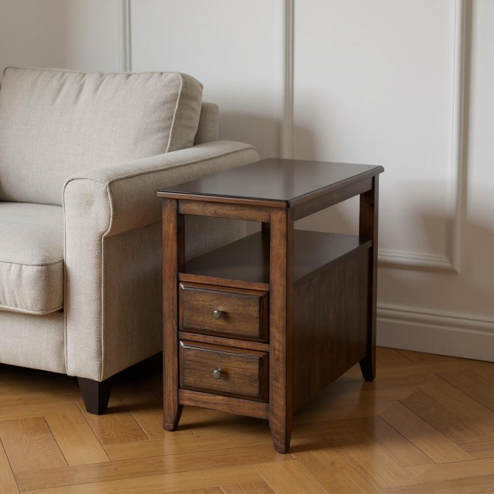 Brown Distressed End Table with Two Drawers and Shelf - 24-inch