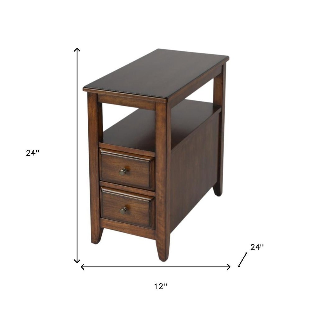 Brown Distressed End Table with Two Drawers and Shelf - 24-inch