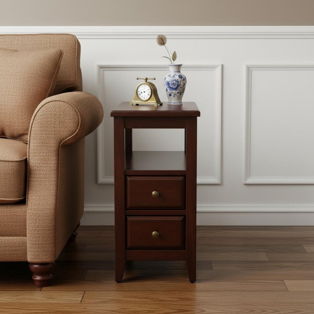Dark Brown Manufactured Wood End Table with Two Drawers and Shelf