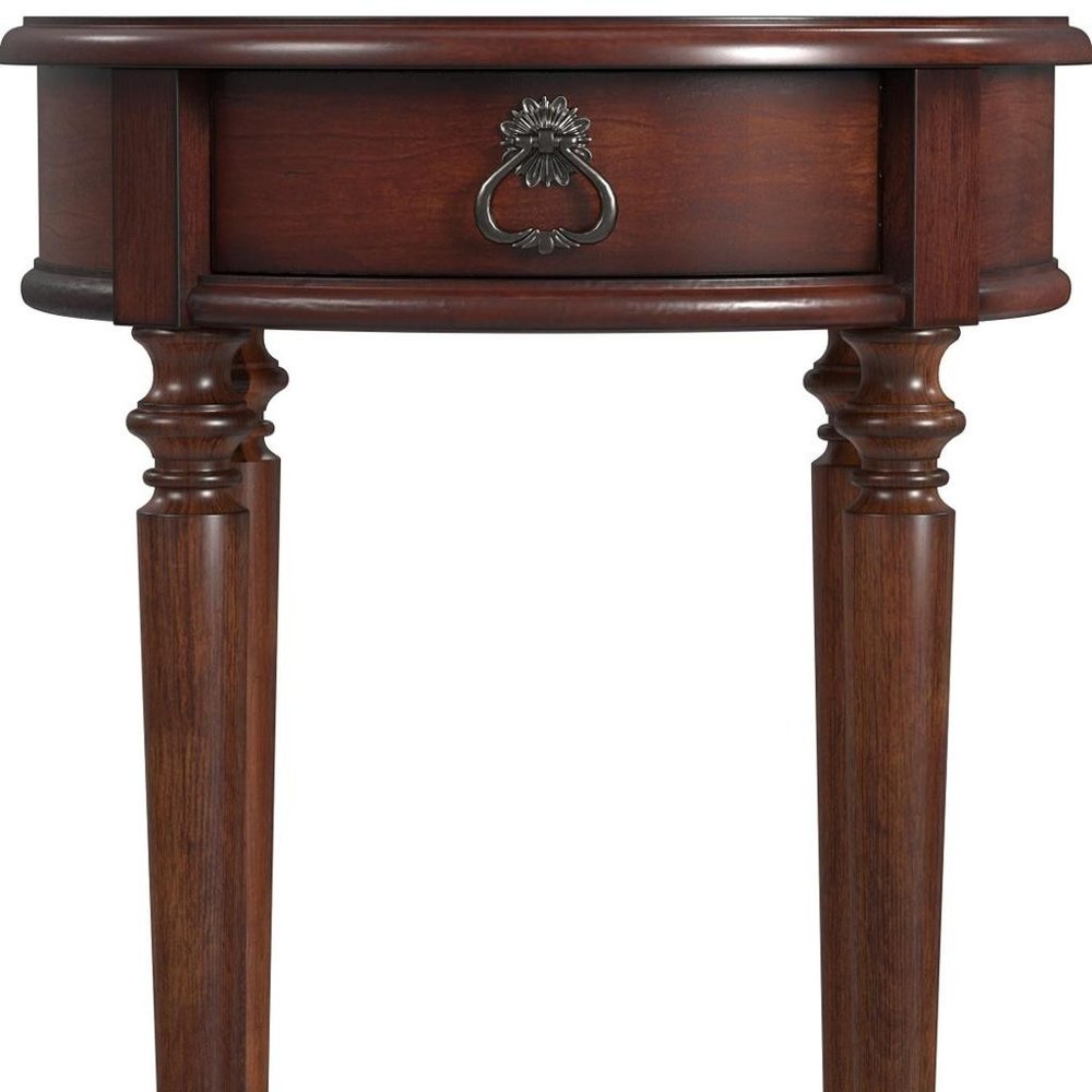Brown Distressed Wood Round End Table with Drawer and Shelf - 26-inch