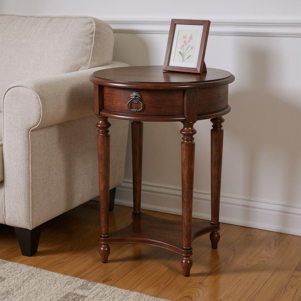 Brown Distressed Wood Round End Table with Drawer and Shelf - 26-inch