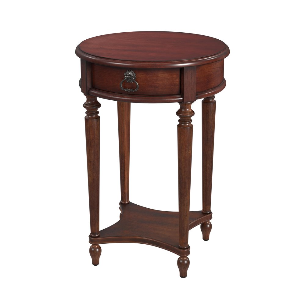 Brown Distressed Wood Round End Table with Drawer and Shelf - 26-inch