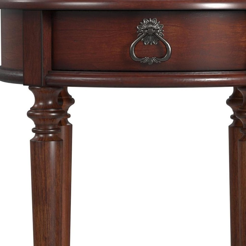 Brown Distressed Wood Round End Table with Drawer and Shelf - 26-inch