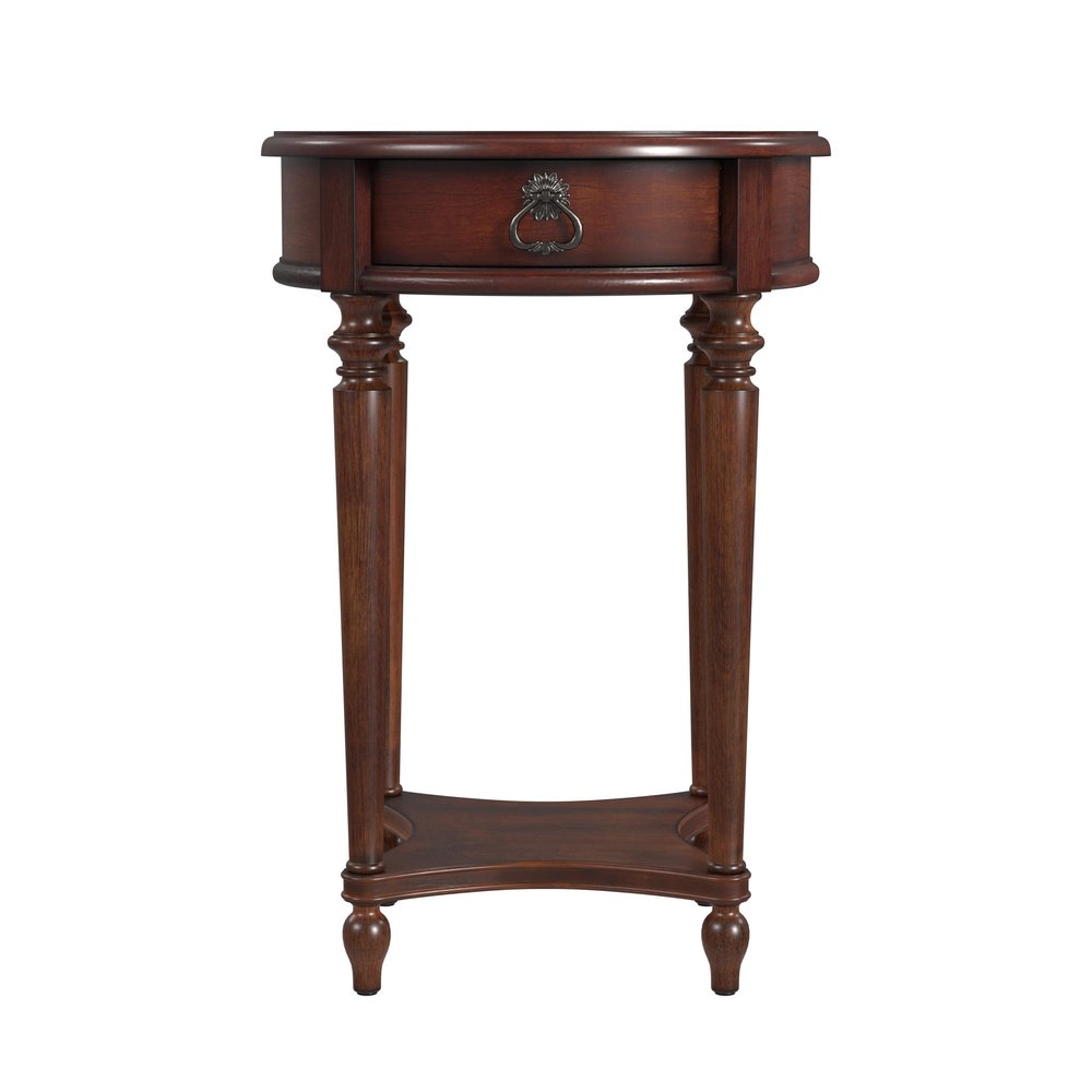 Brown Distressed Wood Round End Table with Drawer and Shelf - 26-inch