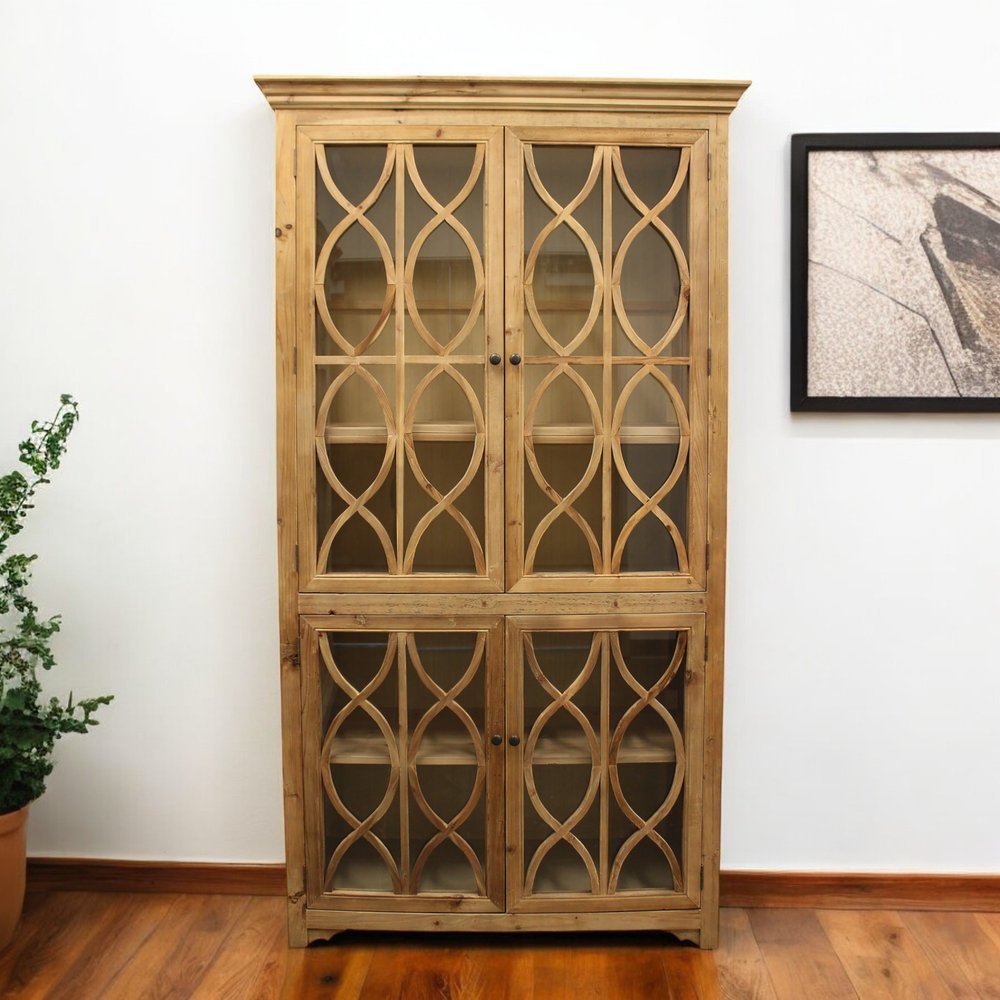 Natural Solid Wood Carved Geometric Accent Cabinet with Four Doors - 47-inch
