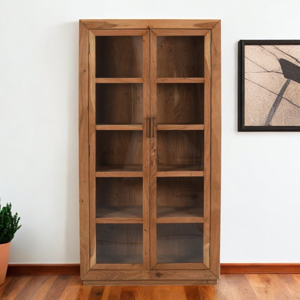 Brown Solid Wood Display Stand with Two Doors - 80-inch
