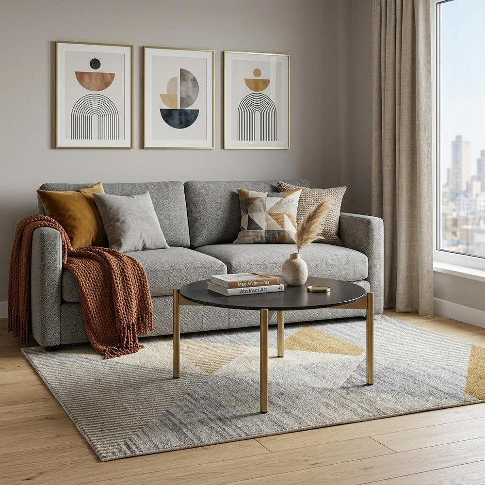 Black and Gold Faux Marble and Steel Round Coffee Table - 36-inch