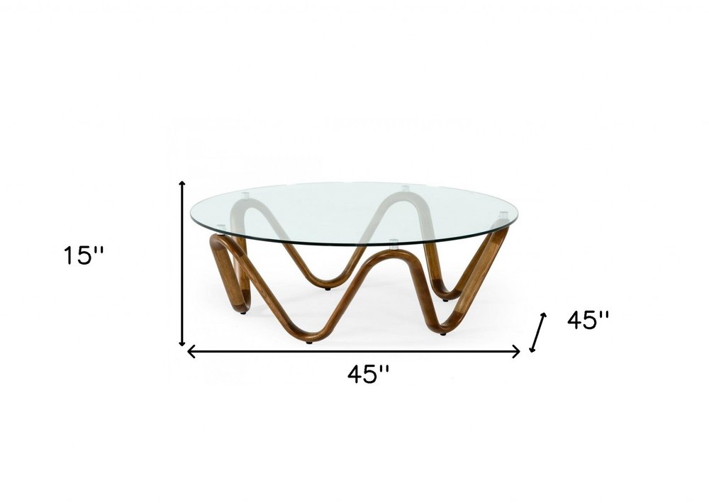 Clear and Brown Glass and Solid Wood Round Abstract Coffee Table