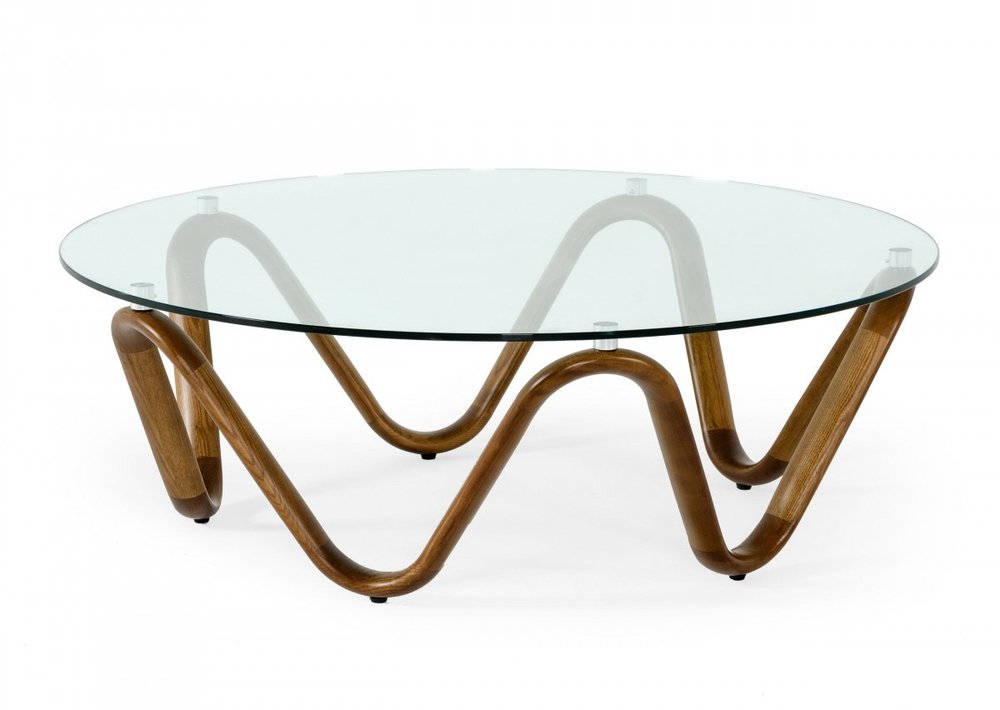 Clear and Brown Glass and Solid Wood Round Abstract Coffee Table