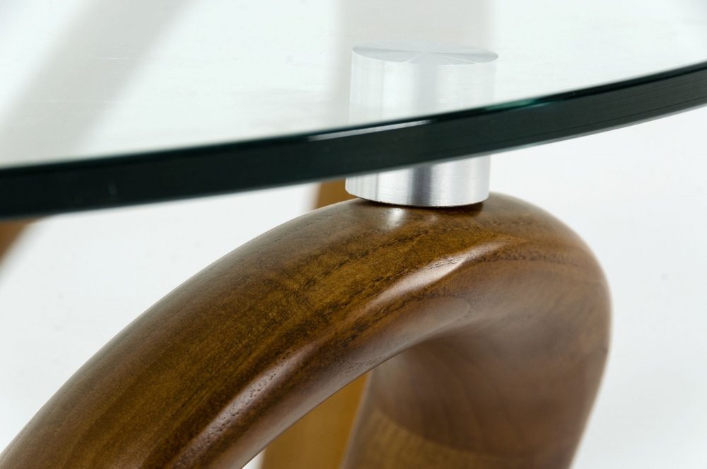 Clear and Brown Glass and Solid Wood Round Abstract Coffee Table