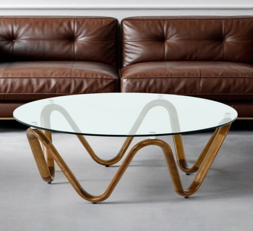 Clear and Brown Glass and Solid Wood Round Abstract Coffee Table