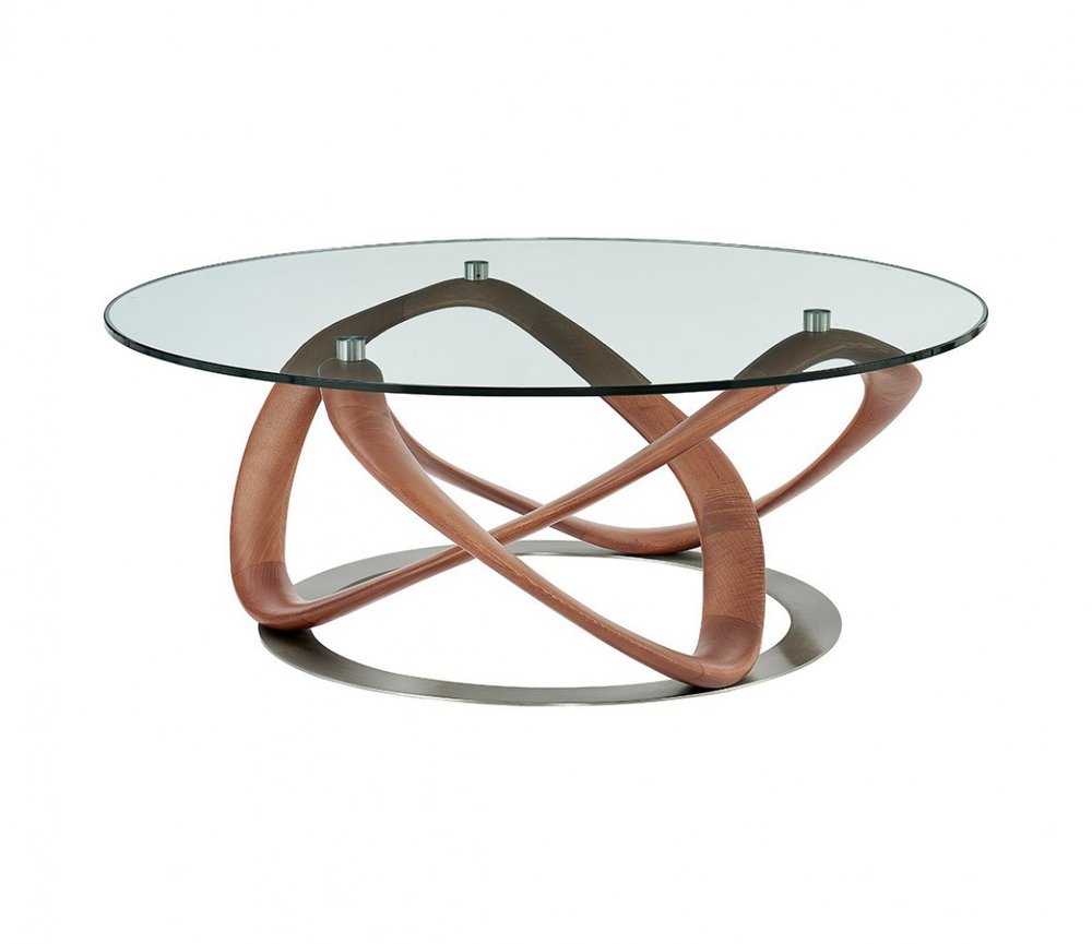 Clear and Brown Glass and Solid Wood Round Abstract Coffee Table