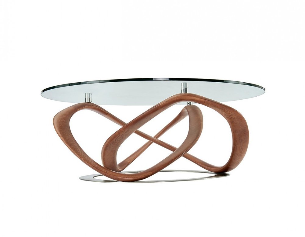 Clear and Brown Glass and Solid Wood Round Abstract Coffee Table