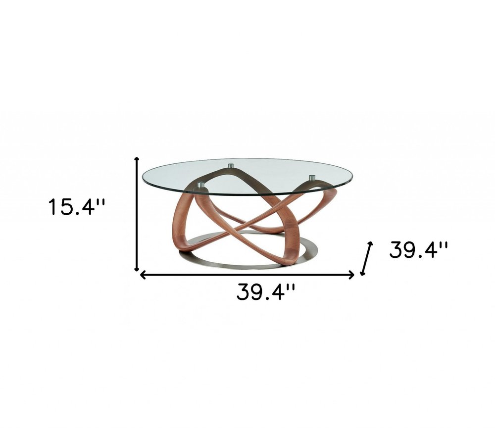 Clear and Brown Glass and Solid Wood Round Abstract Coffee Table