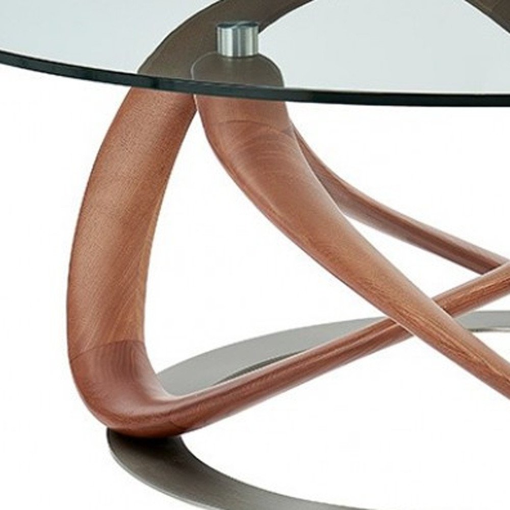 Clear and Brown Glass and Solid Wood Round Abstract Coffee Table