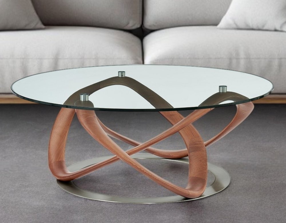 Clear and Brown Glass and Solid Wood Round Abstract Coffee Table