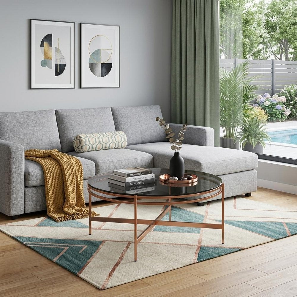 Gray and Gold Glass and Stainless Steel Round Coffee Table - 35-inch