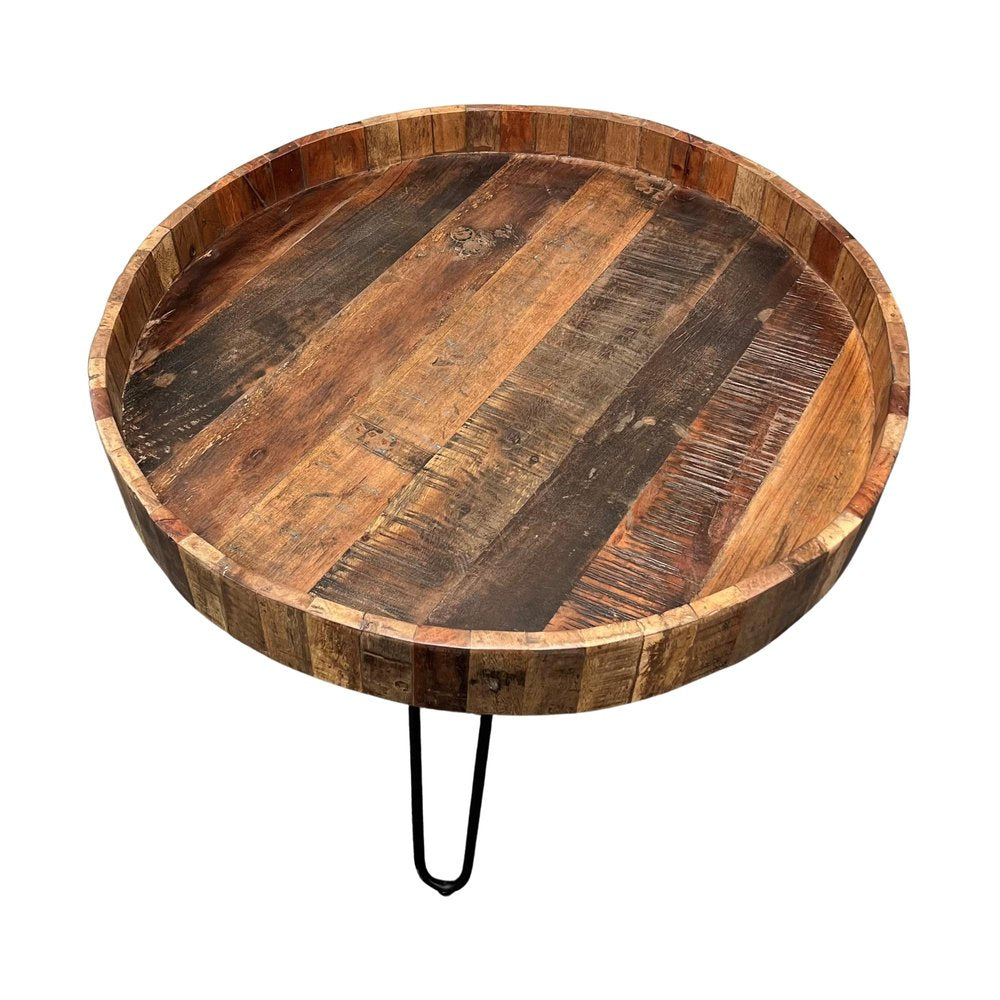 Set of Two Black and Natural Brown Solid Wood and Iron Round End Tables