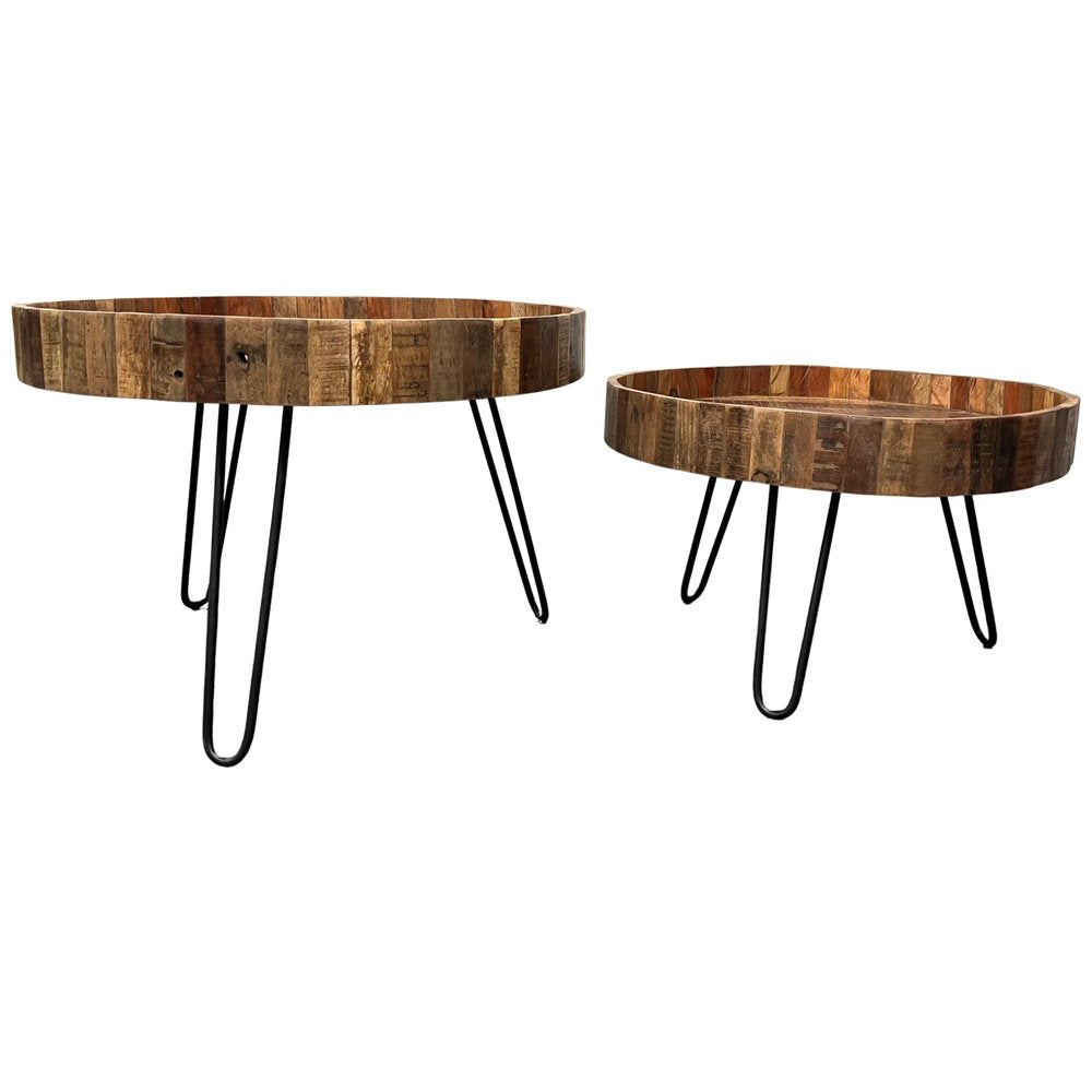 Set of Two Black and Natural Brown Solid Wood and Iron Round End Tables