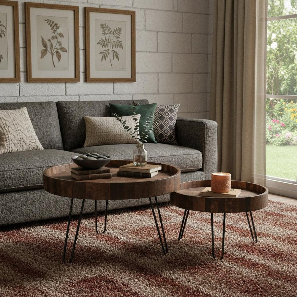 Set of Two Black and Natural Brown Solid Wood and Iron Round End Tables