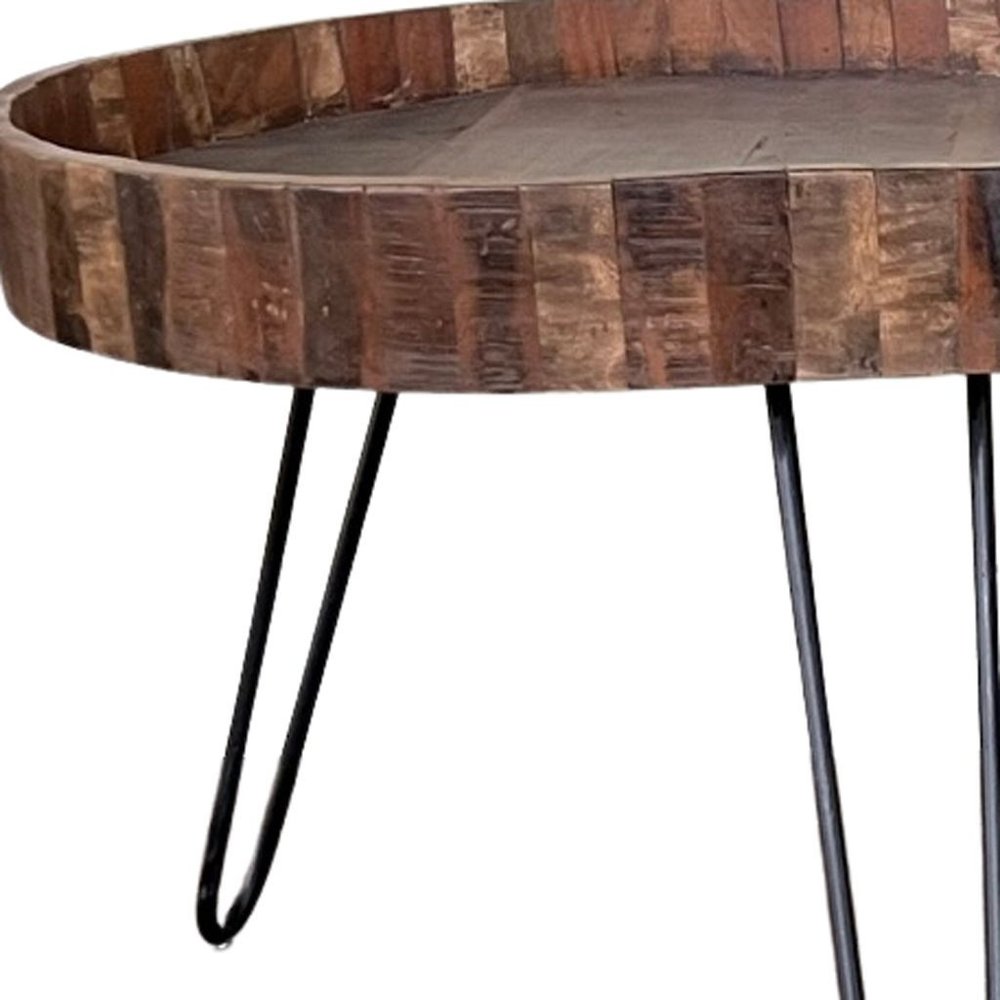 Set of Two Black and Natural Brown Solid Wood and Iron Round End Tables
