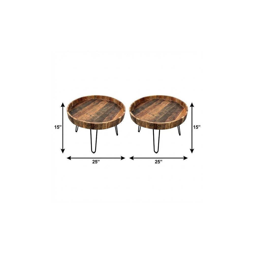 Set of Two Black and Natural Brown Solid Wood and Iron Round End Tables