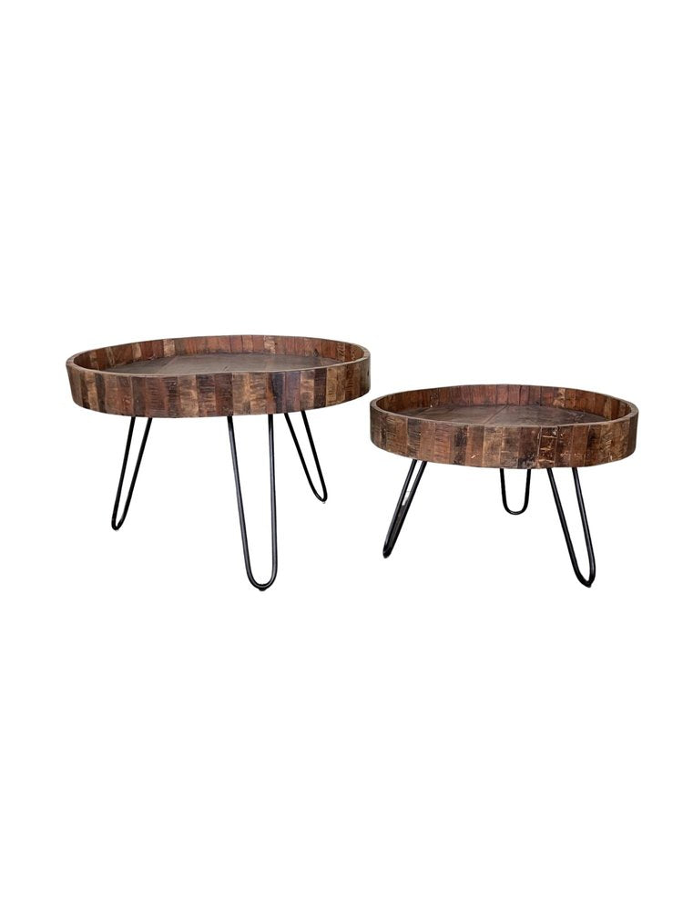 Set of Two Black and Natural Brown Solid Wood and Iron Round End Tables