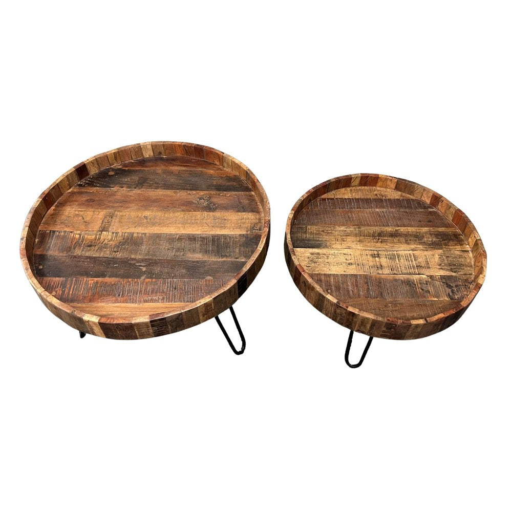 Set of Two Black and Natural Brown Solid Wood and Iron Round End Tables