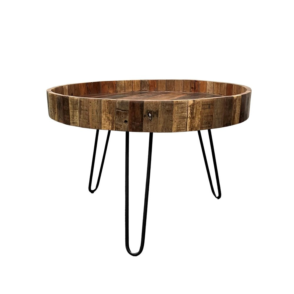 Set of Two Black and Natural Brown Solid Wood and Iron Round End Tables